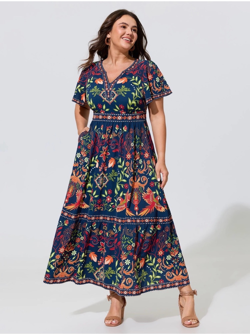 Boho Floral Print Notched Collar Tiered Maxi Dress. 14